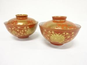 九谷焼　永楽造　金彩　赤絵　蓋茶碗　2客